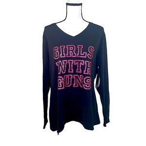 NWT Girls with Guns Black & Pink Long Sleeve V- Neck Tee Plus Size 2XL